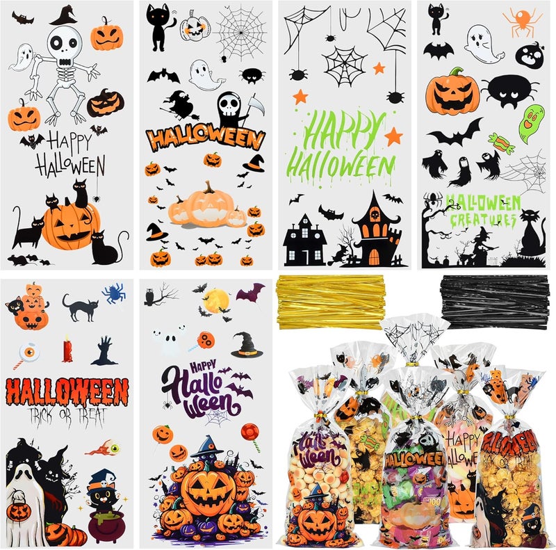 Twavang 150 Pcs Halloween Cellophane Treat Bags, Halloween Trick or Treat Goodie Bags with 170 Pcs Twists for Snacks Cookies Packing (10.8 x 4.9 inches) - Image 1